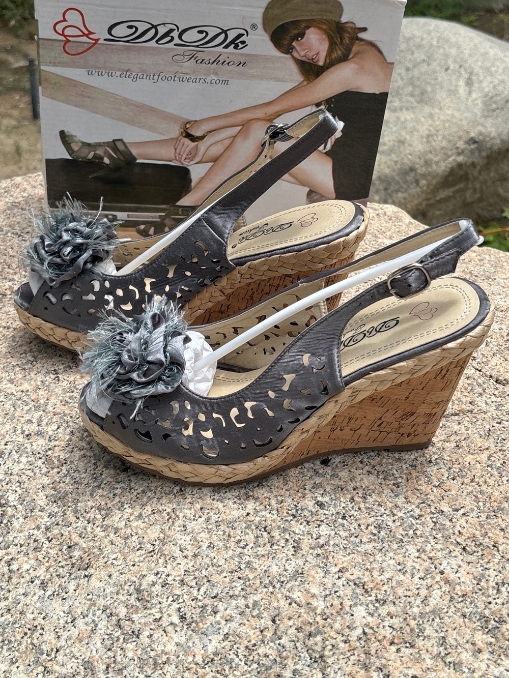 Size 8.5. DbDk Fashion Grey Floral Peep-Toe Cork Wedge Sandals